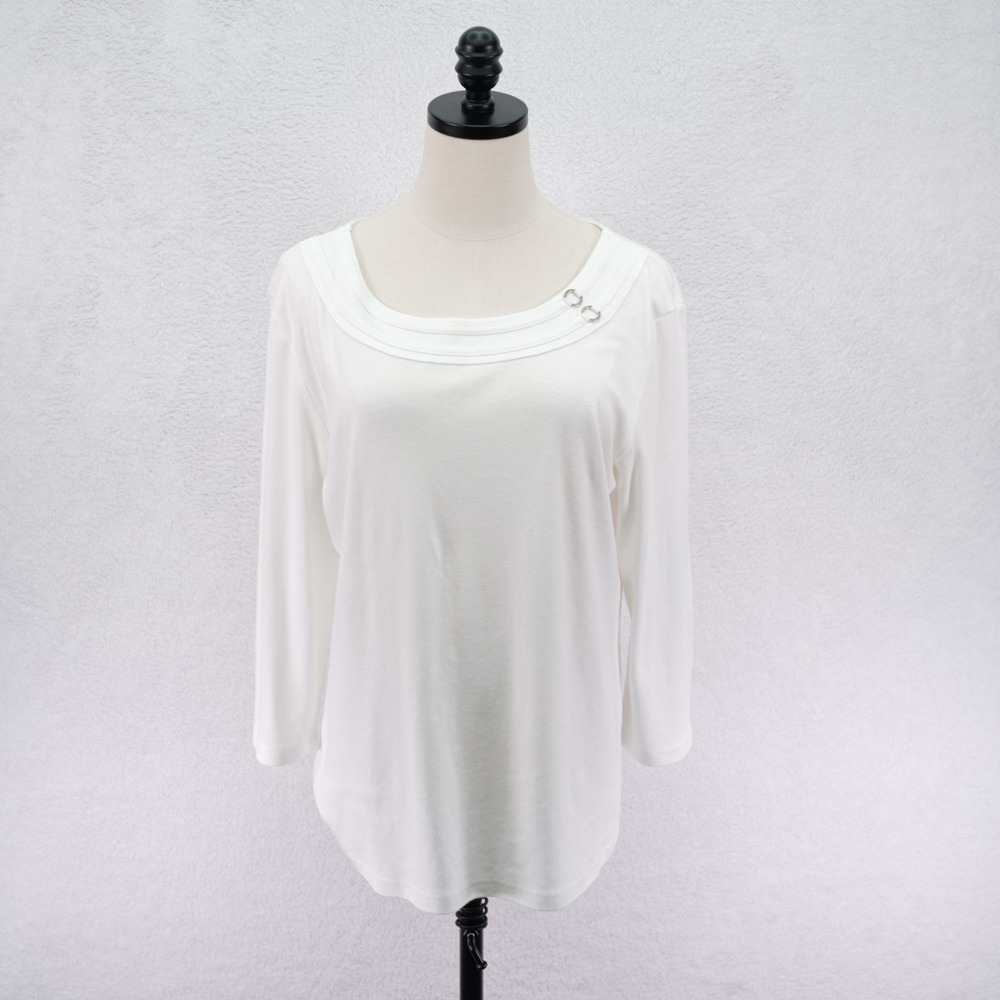 Karen Scott White Scoop Neck Top Shirt Long Sleeve Medium 3/4 Sleeve Cotton Moda
